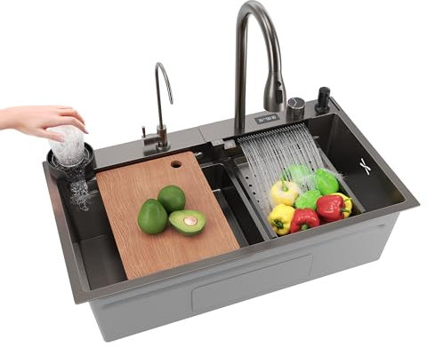 SIRHONA Évier de Cuisine avec Cascade, Évier Multifonction 1 Bac en Inox 80x45 cm, Robinet Rétractable, Avec Affichage de la Température, Noir