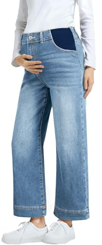 BLENCOT Women's Maternity Baggy Jeans Stretchy Wide Leg Jeans Side Panel Loose Pregnancy Denim Pants with Pockets Beau Blue 2XL