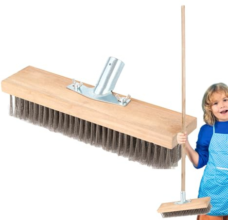 Balai Sol – Brosse Balayette Acier Inoxydable - Éponge Piscine | Manche Long Récureur pour Élimination Mousse et Tartre | Frotteur Sol Poils Raides Durs, Manche en Bois Compatible avec Socle Tournant