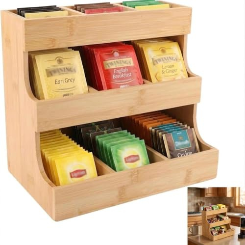 Contenitore per bustine da tè,organizzatore per tè,scatola da tè in legno,con 9 scomparti,capsule da caffè e zucchero,organizer per bustine da tè,per casa, cucina,ufficio e caffè,17x26.5x24cm