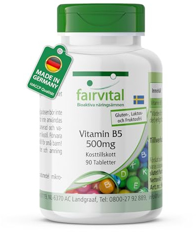 fairvital, Vitamin B5 500mg, 90 tabletter, lättsvälta, kalcium-D-pantotenat, kvalitetskontrollerade och högdoserade, 100% veganska, tillverkade i Tyskland