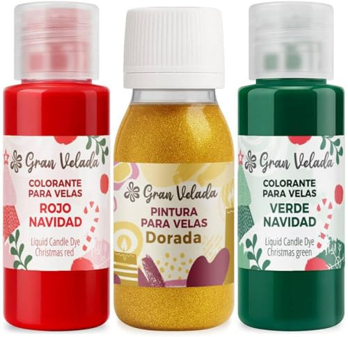 Gran Velada - Pack Colorante para Velas de Navidad | Colorantes Rojo y Verde de 30 ml + Pintura Dorada 60 ml | Tinte líquido para velas de soja y parafina | Material DIY fácil
