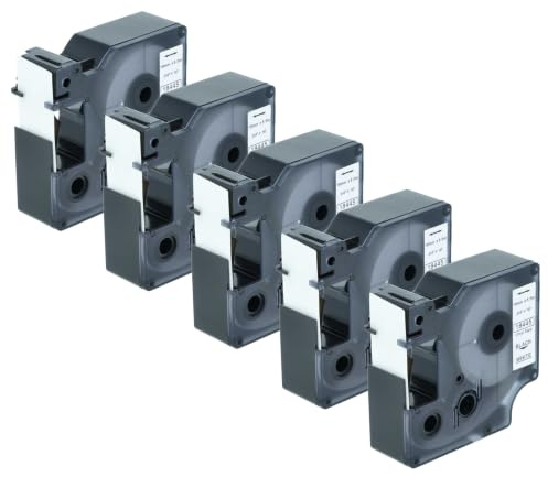 vhbw 5 x skrivband kompatibel med Tyco T107M skrivaretikett 5,5 m x 19 mm svart till vit vinyl