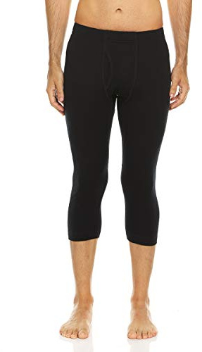 Merino Wool Three Quarter Skiing Base Layer Pants - Men's Thermal Bottoms - Black - Medium
