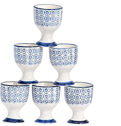 Nicola Spring Argon Tableware Hand Printed Egg Cups - Pack of 6 - Navy Porcelain Breakfast Brunch Easy Clean Hard Soft Boiled Eggs Dipping Holder Stand for Breakfast, Brunch