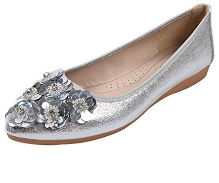 Meeshine Womens Foldable Soft Pointed Toe Ballet Flats Rhinestone Comfort Slip on Flat Shoes (8 B(M) US, Silver 02)