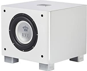 REL T/7x 20,3 cm betriebener Subwoofer – Kompaktes versiegeltes Design mit Class-AB-Verstärker, Cinch-Eingängen und tiefem Bass für HiFi-Stereoanlagen, Heimkino und Surround-Sound – Hochglanz-weißes