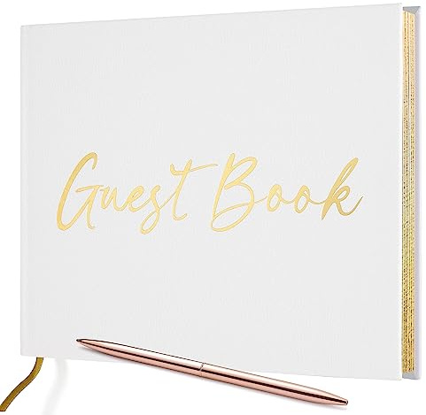 JUBTIC Wedding Guest Book with Gold Foil — Registry Sign-in Book for Reception, Party of Anniversary,Birthday,Baby Shower — Memorial Guestbook with Gilded Edges, 1 Metal Pen, Hardcover Design, 7 x10″