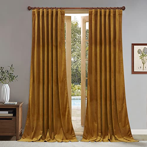 StangH Mustard Gold Velvet Curtains, 90 inches Long Living Room Light Blocking Bedroom Drapes Thermal Insulated Noise Reducing Sliding Door Panels, W52 x L90, 2 Panels