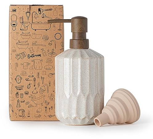 Fun Elements Bathroom Soap Dispenser, 16 Oz Luxurious Hand soap Dispenser for Bathroom, Ceramic Liquid Soap Dispenser for Bathroom Countertop with Plastic Pump, Silicone Funnel (Wooden Color Pump)