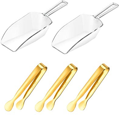 3Pcs Golden Ice Tongs and 2Pcs Plastic Measuring Scoops, Serving Tongs Food Scoops Set for Ice Coffee Bucket Bar Kitchen Wedding Birthday Party