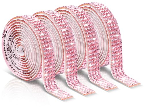 Telooco Self Adhesive Rhinestone Ribbons 4 Rolls Bling Crystal Rhinestone Strips Stickers Glitter Wrap Roll for DIY Crafts Clothes Car Shoes (4 Rows of 1 Yard, Pink)