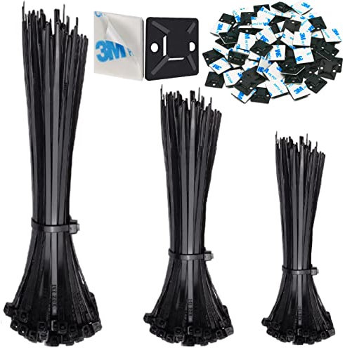 300 Stück Kabelbinder Schwarz Set,Kabelbinder UV Beständig 100/150/200/mm(je 100 Stück) mit 50 Stück Klein Kabelhalter Selbstklebend,Kabelbinder Set für Kabelmanagement, Büro,Gartenarbeit und Wohnen