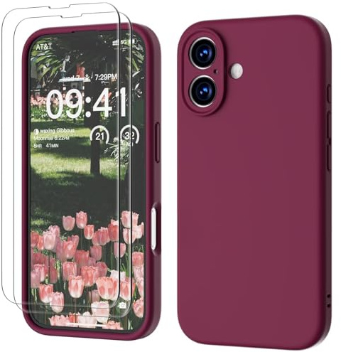 GOODVISH 3 in 1 Silicone Cover per iPhone 16 6.1, Custodia con 2 Pellicola Vetro Temperato [Protezione Fotocamera] 360° Protezione Anticaduta Case per Cellulare Antiurto Resistente, Vino Rosso
