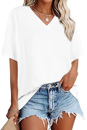 florynova Oversized T Shirts for Women V Neck Summer Tops(White,L)
