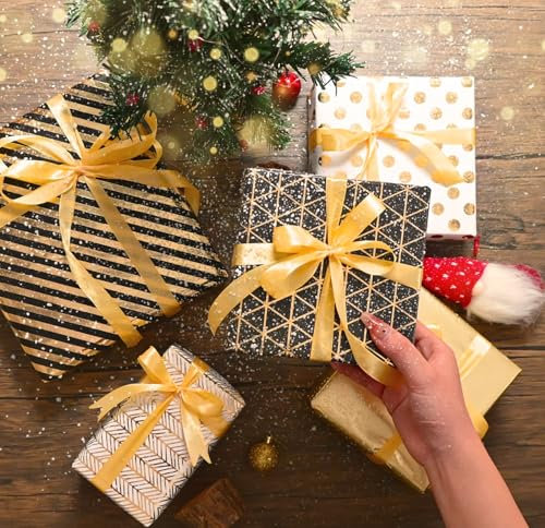Ulikey Papier Cadeau Set, 5 Rouleaux Noir et Or, 43cm x 3m, Métallique Brillant, avec Ruban, Recyclable, Emballage pour Noël et Saint-Valentin