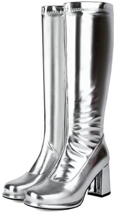 LMUIPMAA Femmes Mode Genoux Bottes Cuir Verni Cuir Talon Bloc Bottes Longues Fermeture Éclairper Fête Danse Chaussures,Argent,38 EU