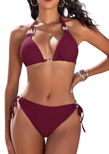 CMTOP Bikini Damen Set Neckholder Triangel Bikini Badeanzüge String Bikini Verstellbare Schnürung Hohe Taille Kordelzug Bikinihose Sexy Swimsuit Zweiteiliger Badeanzug mit Perlen(Dunkelviolett, L)