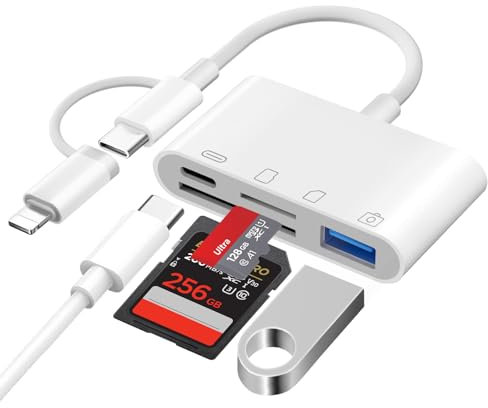 SD Kartenleser für iPhone/iPad/Kamera, Lightning auf SD Karte Kamera Kartenleser Adapter, 4-in-1 USB C Micro SD Adapter, mit SD/TF Dual Card Slot, USB A Port und Ladeanschluss, Plug and Play