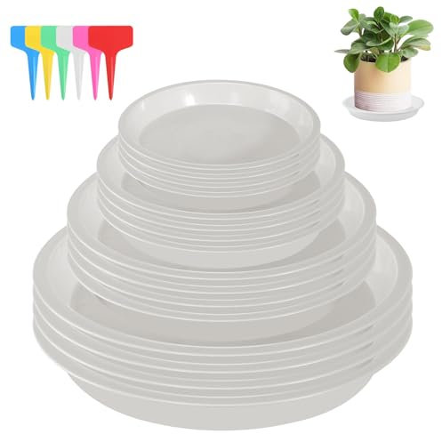 16 Pièces Coupelle Pot de Fleur Soucoupe Pot Fleur Plastique Soucoupes Pots de Fleurs avec 18 Étiquettes sous Pot de Fleur Rond Dessous de Verre pour Plantes D'intérieur et D'extérieur (Blanc)