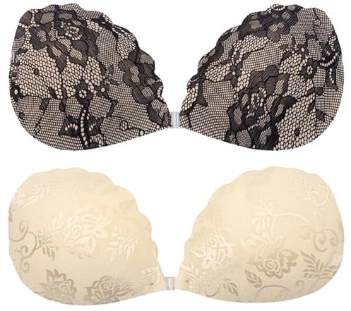 Rbleote Klebe BH Push Up,2 Stücke Trägerlos Klebe-BHS,mit Spitze Silikon Klebepads BH,Wiederverwendbare,für Abendkleider Brautkleider Badeanzüge und Rückenfreie Kleidung (Cup-Größe: C