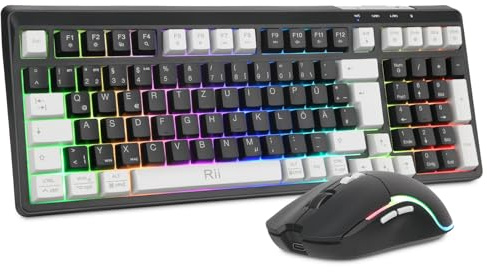 Rii Maus und Tastatur Kabellos Gaming, Tastatur Maus Set, Bluetooth + 2,4GHz Verbindung, LED-Hintergrundbeleuchtung, Wiederaufladbare, QWERTZ