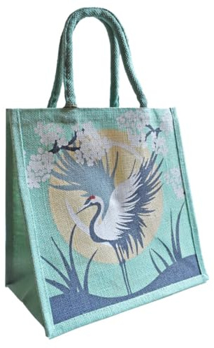 Jute Shopping Bag with Crane Design, 30 x 30 x 20 cm, Handle Length 36 cm