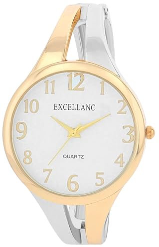 Excellanc Damen-Spangenuhr Metallarmband Spangenarmband Armreif lesbare Ziffern Rund Länge 15,5 cm Quarz-Armbanduhr Geschenkidee für Frauen (Bicolor)