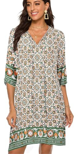 BDTECAOR Dam, vintage, etnisk stil, blommönster, bohemisk, 3/4-ärm, strandklänning, Mörkgrön, M