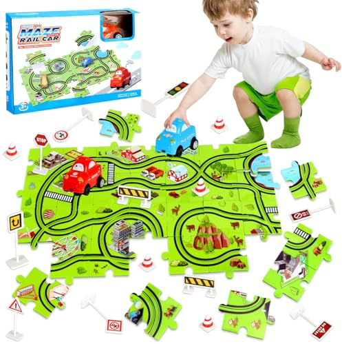 JONEG Toys for 3-8 Year Old Boy: Puzzle Race Kids Car Track Set with Electric Cars, Gifts for Toddlers Age 3 4 5 6 7 8 Birthday Presents, Puzzle Car Track Toy Montessori Educational Toy