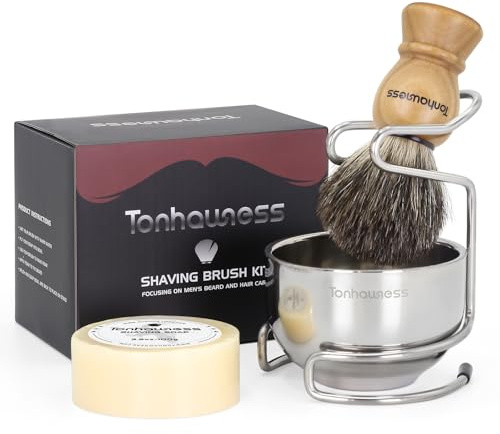 Tonhawness Kit di pennelli da barba da uomo, 4 in 1, include pennello da barba in puro tasso, sapone da barba e ciotola da barba in acciaio inox e supporto, regalo per barbiere da uomo