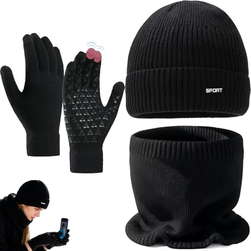 Atsmoce Ensemble de Bonnet Écharpe Gants 3 en 1 l'hiver pour unisex adultes - Chaud Bonnet Écharpe Doublé Polaire Gants Tactiles - Tissu doux avec une bonne isolation thermique
