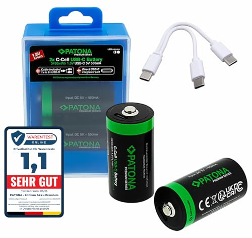 PATONA 4X Premium Batteries 3450mWh 1.5V USB-C LR14 Baby C Piles Rechargeables avec câble-USB-C 1-à-2 pour radios, Lampes de Poche et éclairage