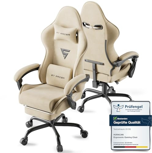 Huracan Silla Gaming Ergonómica Reclinable, Silla Gamer Cojín Lumbar+Reposacabezas+Reposapiés, Respaldo Alto Acolchado, 360° Giratoria, Gaming Chair para Oficina/Ordenador, Beige