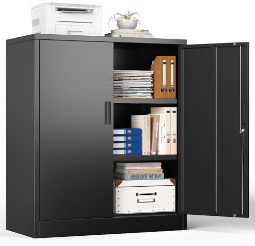Metal Storage Cabinet, 90cm Locking Storage Cabinet with Doors & Shelves, Steel Storage Cabinet with 2 Adjustable Shelves for Garage, Home, Office, Utility Room, Assembly Required(Black, 90 * 80 * 40)