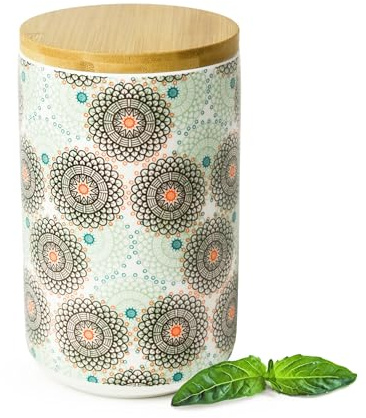 Sendez Vorratsdose Porzellan 800 ml mit Bambusdeckel luftdicht – Vorratsglas Vorratsbehälter Aufbewahrungsdose Küche Kaffeedose Teedose Zuckerdose Gewürzdose Grün Grau Orange Boho Mandala