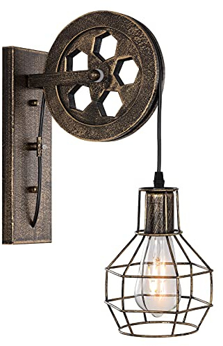 BAODEN 1 Light Fixture Industrial Mid Century Retro Iron Wall Lights Lift Pulley Wall Lamp Features The Matte Iron Cage Lamp Shade for Indoor Lighting Barn Restaurant(Bronze Color)
