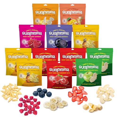 Summmer Frystorkad krispig fruktmix – 12 mellanmålspaket (9 x 11 g 2 x 13 g 1 x 20 g) – jordgubbe hallon surkörsbär äpple ananas mango banan blåbär – inget tillsatt socker mellanmål för barn och vuxna