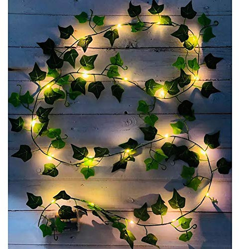 Fielegen 2 Stück Lichterkette Efeu Künstlich, 4M Fake Efeu Girlande mit 40 LED-Licht Batteriebetrieben Lichterkette mit Blättern, Efeu Girlande mit Lichterkette für Home Garten Hochzeit Party Deko
