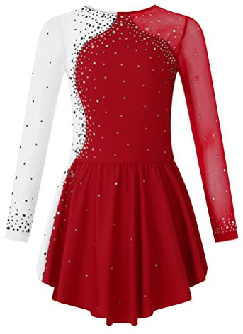 Aislor Tanzkleid Mädchen Pailletten Eiskunstlauf Kleid Kinder Langarm Ballettkleid Tanztrikot mit Rock Kleider Gymnastikanzug Wettbewerb Tanz Kostüme W Burgundy 134-140