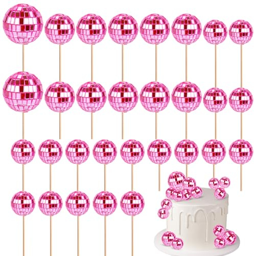 30 Uds Adornos para Cupcakes con Bolas de Disco, Mini Selecciones de Discoteca Adornos para Pasteles con Tema Disco con Palos para Accesorios de Postre Suministros para Fiestas Disco (Rosa)