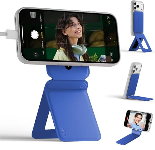 MOFT Phone Stand, Magnetic Phone Tripod Stand Stain-Resistant MOVAS Leather & Angle Adjustment & Strong Magnets Tripod for iPhone 17/16/15/14/13/12 (Included Metal Ring)-Sapphire