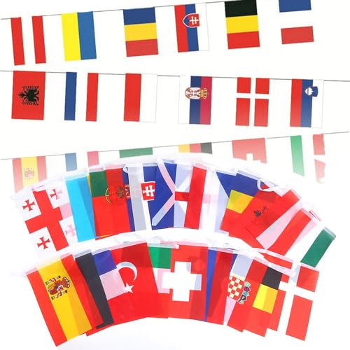 Xiujuers 2 Pcs Drapeaux Euro Guirlandes 2024, 24 Pays Drapeaux Européen Banniere Chaîne Décorations, Guirlandes de Drapeaux de 24 Pays, Drapeaux Euro Football pour Jardin, Bar, Restaurant (14 * 21CM)