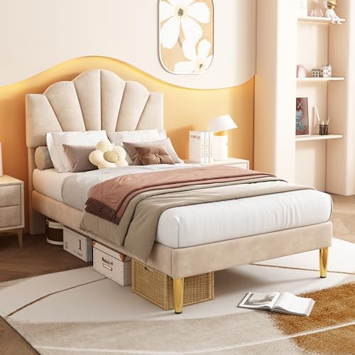 BTM 3FT (90 * 190cm) Upholstered Single Bed Frame, Shell-like Velvet Bed with Golden Iron Legs & Height-adjustable Headboard, Wooden Slatted Frame Velvet, Beige