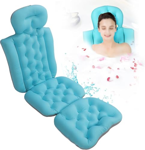 Ejoyous Oreiller de Baignoire Corps Entier, Tapis de Baignoire avec Oreiller Tapis à Bulles Oreiller de Baignoire Cou avec Ventouses Fortes Antidérapant Amovible Lavable (Blue)