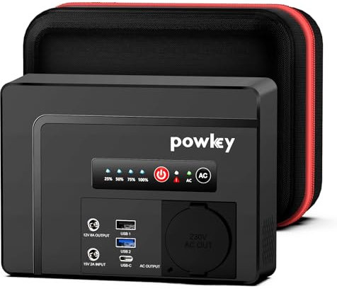 Powkey Tragbare Powerstation 26400mAh/97.68Wh Powerbank Steckdose mit 100W/230V AC Ausgang, 12V 8A DC, PD 65W USB C Externer Akku Power Station Camping Tablet Handy
