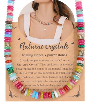 JSDDE Colorful Beaded Necklace for Women Girls 6mm Healing Crystal Necklaces Bohemian Gemstone Necklace Jewelry Birthday Gifts