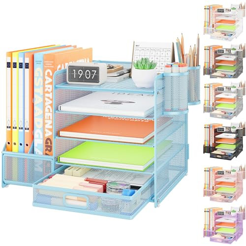 VITVITI Schreibtisch Organizer, 5 Ebenen Briefablage mit Schubladen, Aktenhalter mit 2 Stiftehalter, Büro Organizer mit Stehsammlere, Bürobedarf für A4 Dokumentenablag (Blau)