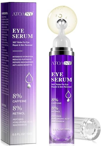 Augenserum gegen dunkle Augenringe und Schwellungen mit 8% Koffein 8% Retinol Hyaluronsäure Niacinamid, Anti-Aging Augencreme gegen Tränensäcke mit 360° Augenroller-Massagekugel für Frauen & Männer