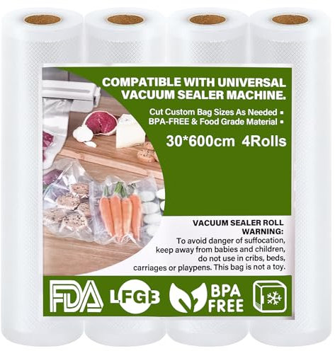 GIBOHOM Sac Sous Vide Alimentaire, 4 Rouleau Sous Vide Alimentaire 30 x 600 cm, 150 µm Sans BPA Antidéchirure, Film Sous Vide Alimentaire pour Machine Sous Vide Alimentaire et L'appareil Cuisson